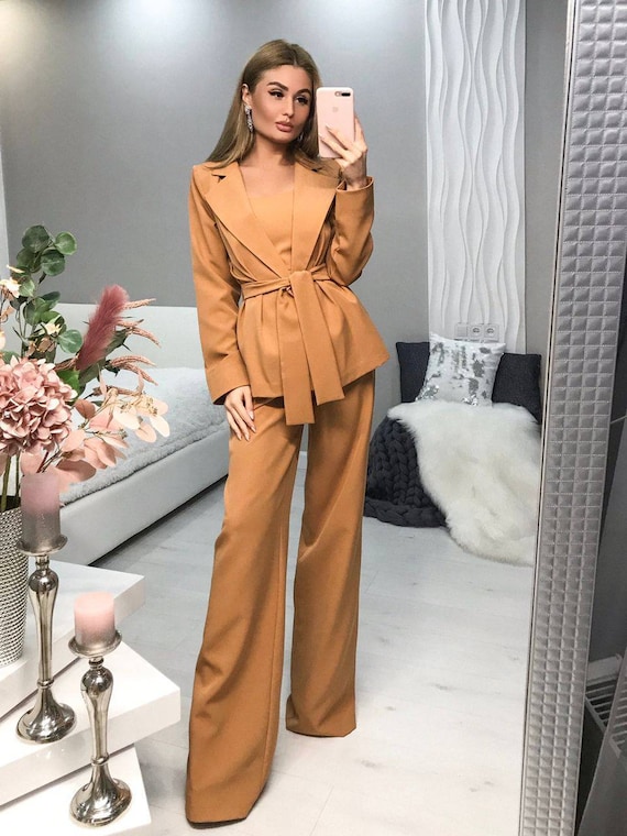Buy Business Womens 3 Piece Suit Set, Office Women 3 Piece Suit With Wide  Leg High Waist Pants, Wrap Blazer With Belt and Corset Top Bralette Online  in India 