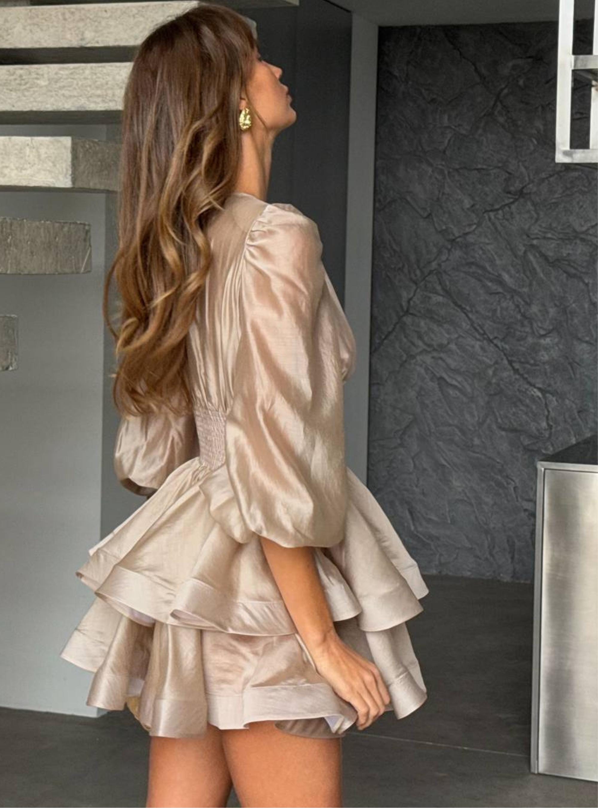 beige ruffle dresses Rihoas Boat Neck Flutter Sleeve Satin Jacquard Floral Ruched Asymmetric Ruffle Hem Flare Midi Dress, Beige / XS