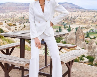 White Bell Bottom Pants Suit Set with White Blazer, Puffed Sleeve Blazer for Women, White Trouser Set for Women, White Pants Suit Set Womens