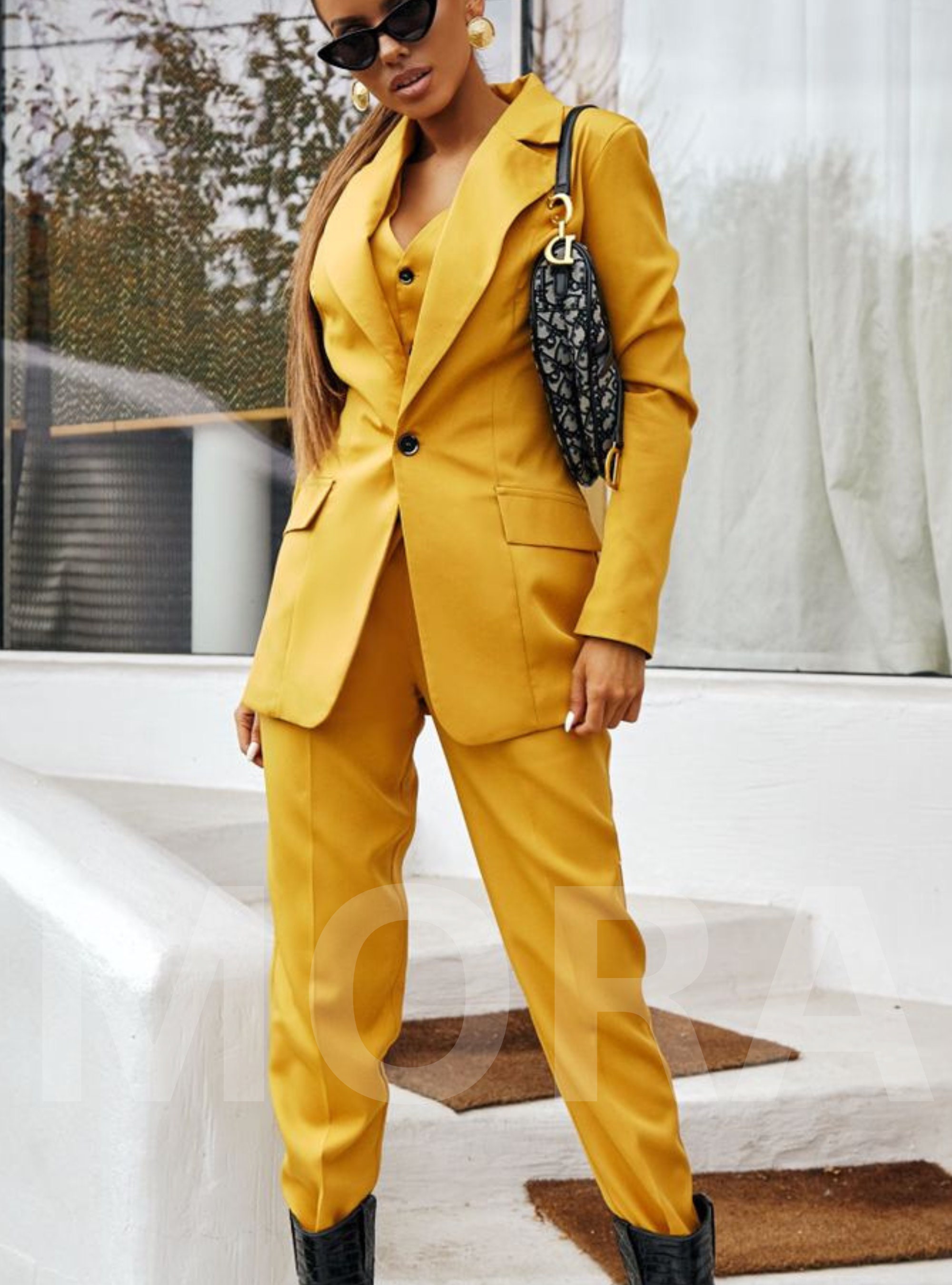 Klassiek geel damespak kantoor dames 3 delig pak met slim fit broek vest met knopen en single breasted blazer kantoorkleding voor dames Etsy Nederland