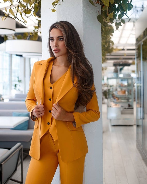 Buy Yellow Womens Suit, Office Women 3 Piece Suit With Slim Fit Pants,  Buttoned Vest and Single-breasted Blazer,office Wear, Classic Womens Suit  Online in India - Etsy