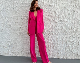 Fuchsia Pantsuit: Women's Blazer & Wide Leg Trousers Set