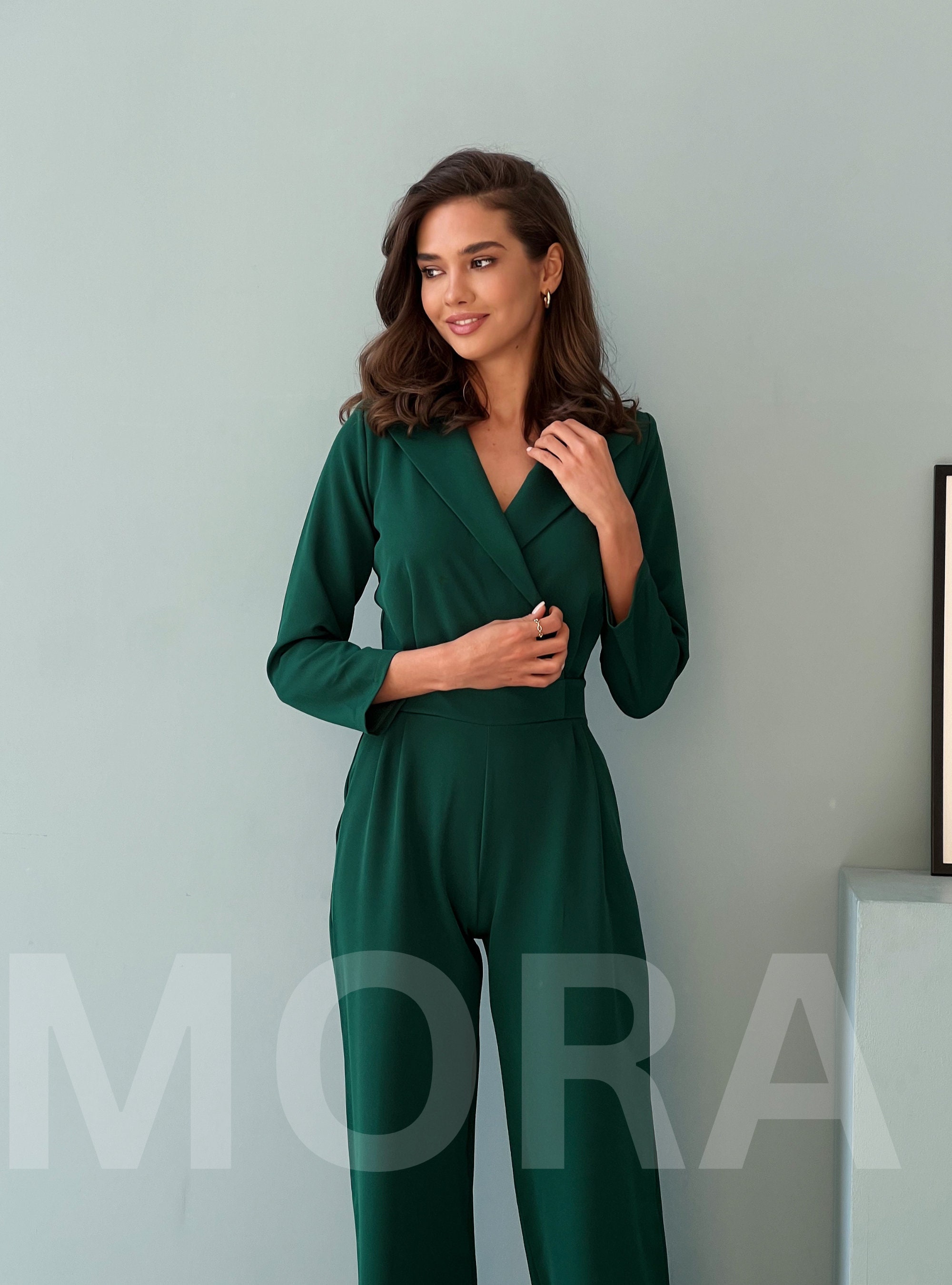 Green long sleeve jumpsuit sale