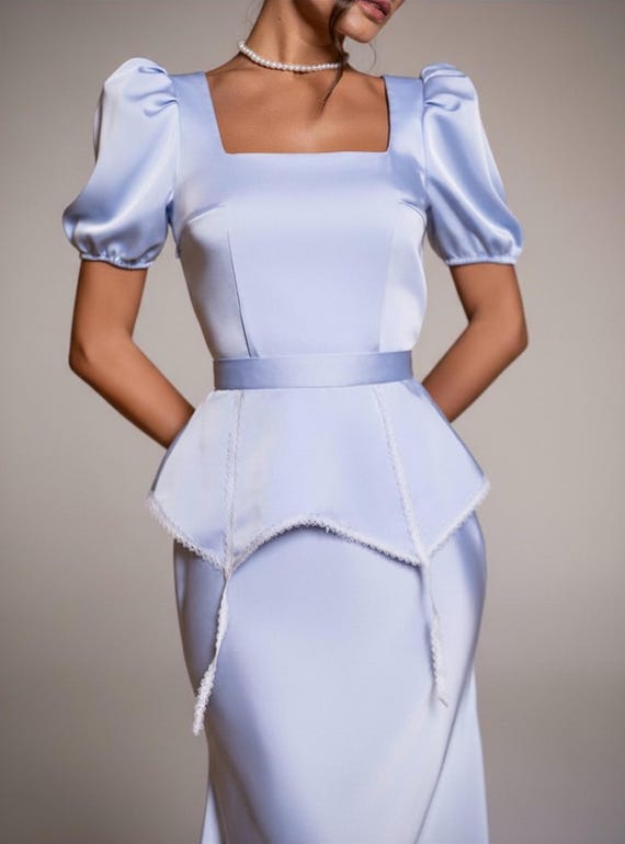 missord plunge neck frill ruffle hem chiffon dress Romance Dress, in Steel Blue Chiffon, Size: XL | Show Me Your Mumu 2023 Long Sleeves Elegant group_FW2017 Select Jacket & Vest Size:EU48/US38 and a slit