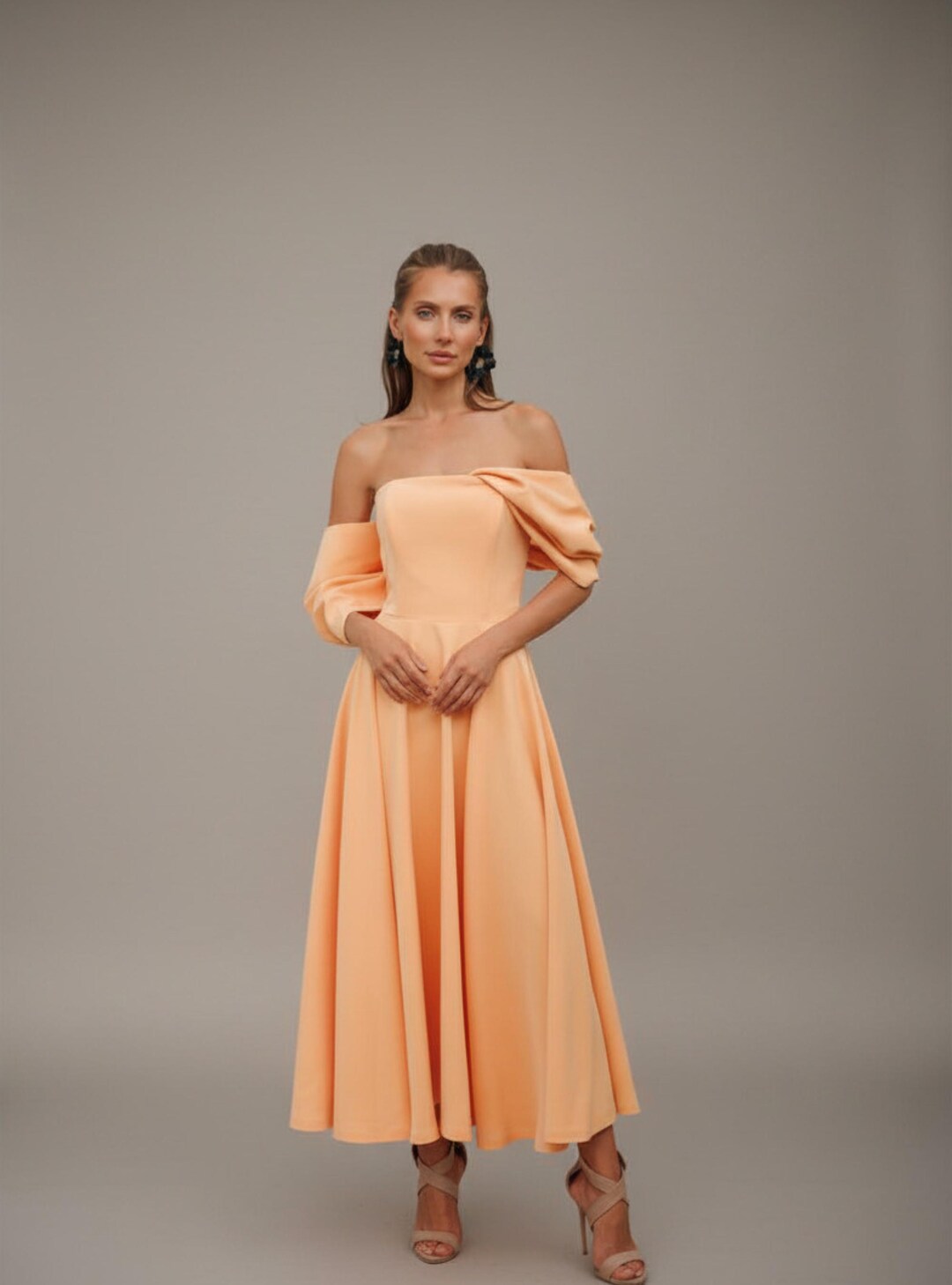 Pastel Orange Off-the-shoulder Cotton Midi Dress With Bow Back