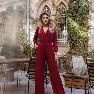 Burgundy Formal Jumpsuit Womens, women Burgundy jumpsuit, Women Onepiece for Wedding Reception, Birthday Outfit, Jumpsuit with Long Sleeves