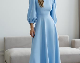 blue dress with white sleeves BRETTA SWEETHEART TWIST CUT OUT PUFF SLEEVE MAXI DRESS