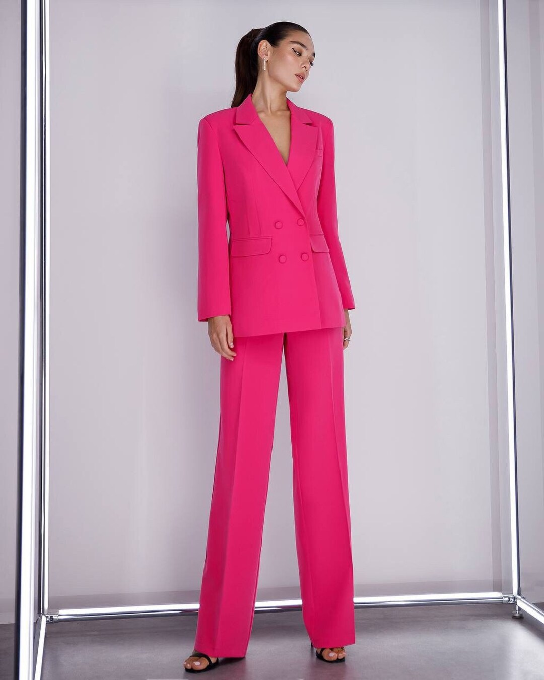 3 Piece Hot Pink Semi Formal Blazer with Crop Top and Trousers
