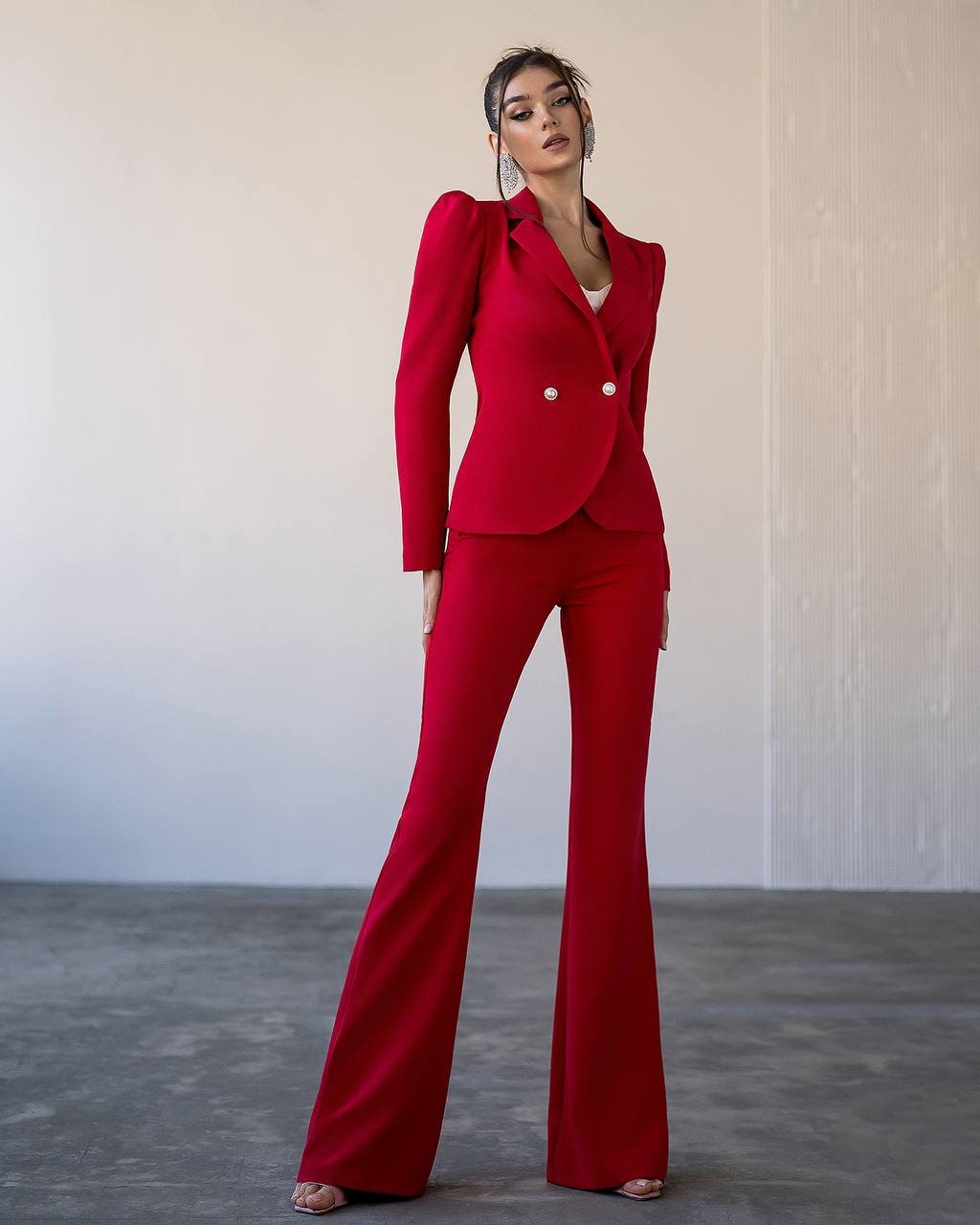 Red Bell Bottom Pants Suit Set With Red Blazer Puffed Sleeve