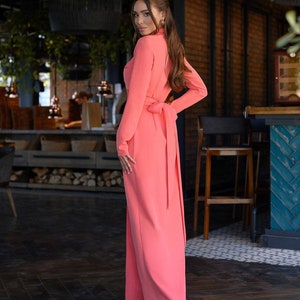 Coral Pink Pink Maxi Wrap Dress, Elegant and Classy Maxi Long Sleeves Wrap Dress, Effortless Grace for Every Occasion, Modest Maxi Dress image 6