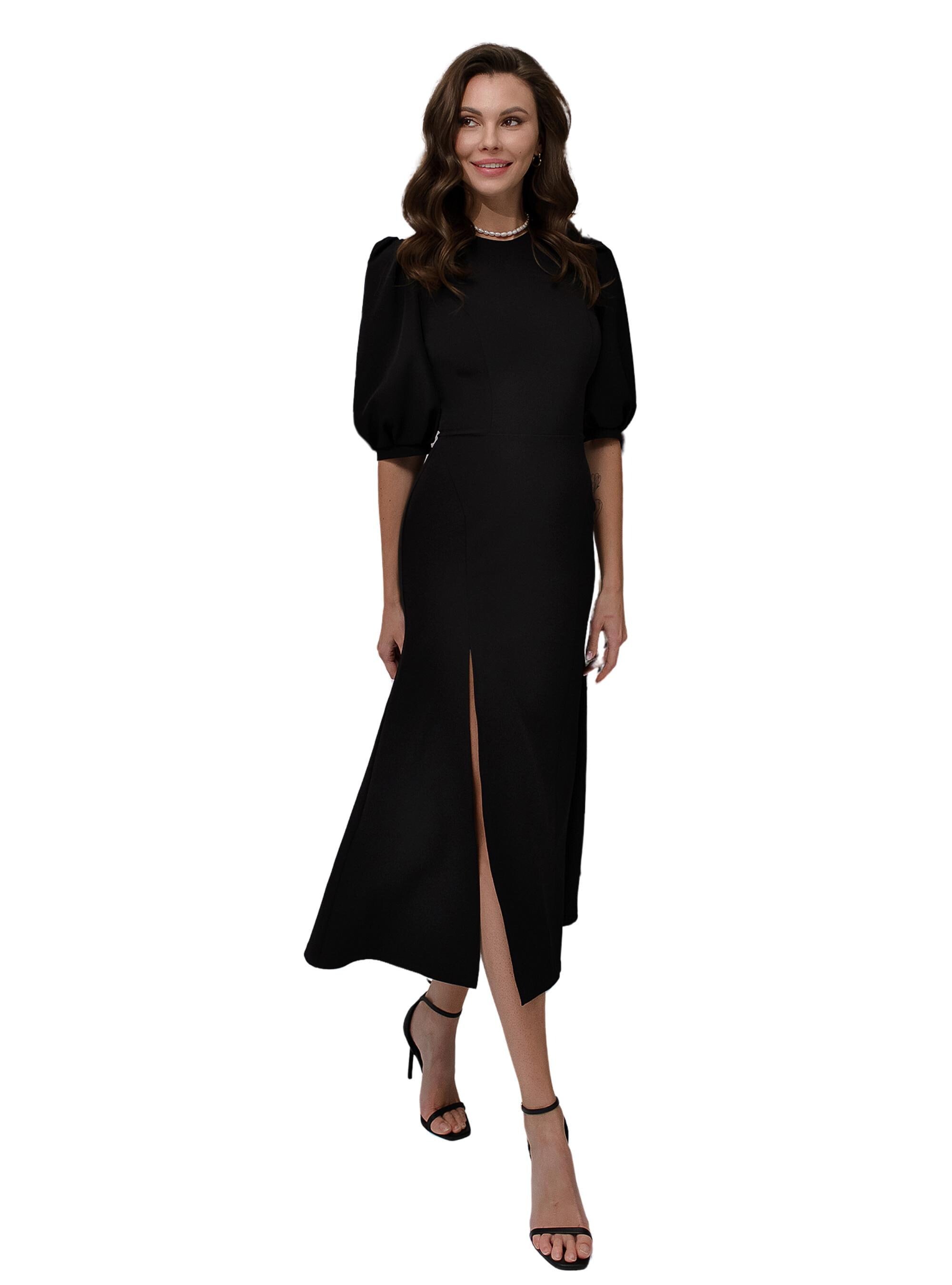 Black Bodycon Midi Dress with Short Puff Sleeves and Mermaid Skirt