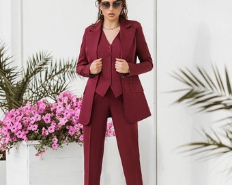 Burgundy Womens Blazer Suit Office Women 3 Piece Suit With Slim