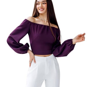 Off-the-shoulder Crop Top with Long Sleeves, Off shoulder midriff Blouse, Long Sleeve Crop top girls night out