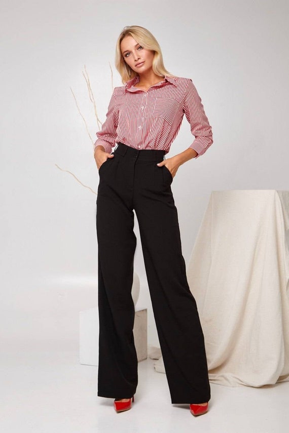 Black High Waist Trousers, Wide Leg Pants, Red Wide Leg Pants