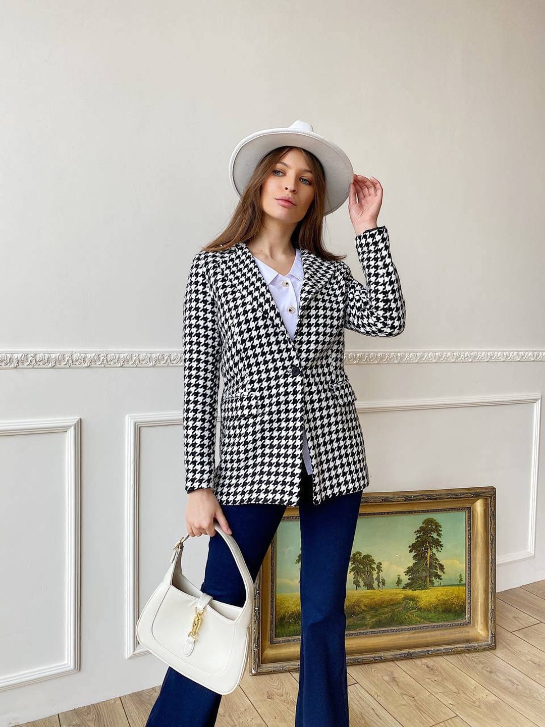 Houndstooth Jacket for Women Houndstooth Wool Blazer With Belt Notch Collar Blazer Black and White Blazer With Belt Womens Wool Blazer Etsy UK