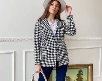 Houndstooth Jacket for Women, Houndstooth Wool Blazer With Belt