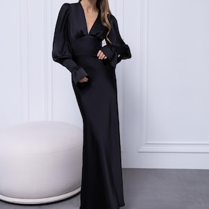 black plunge dress long sleeve Long Sleeve Plunge V Neck Crystal Maxi Dress Black