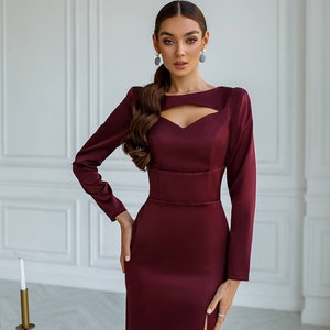 Burgundy Satin Midi Dress with Long Sleeves, Satin Cut Out Midi Dress, Satin Midi Sheath Dress for Women, Christmas Party Dress