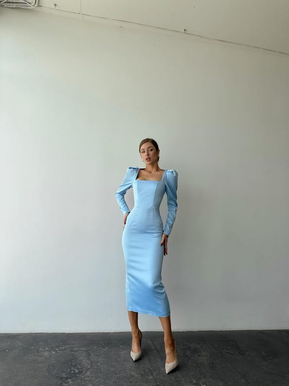 Baby Blue Satin Midi Bodycon Backless Dress With Long Sleeves, Wedding Guest Outfit - Etsy Baby Blue Satin Midi Bodycon Backless Dress With Long Sleeves, Wedding Guest Outfit - Etsy