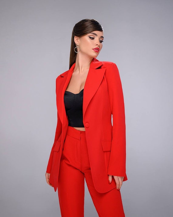 Red Pantsuit Set for Women, Red Blazer Trouser Suit for Women, Red