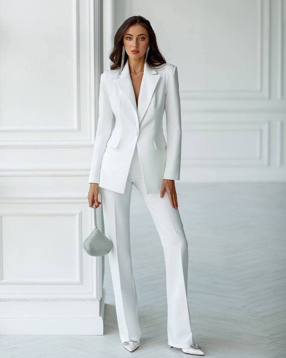 Buy White Formal Pants Suit With Single Breasted Blazer and Straight Pants  High Waist, White Blazer Trouser Suit for Women, Bridal Pantsuit Online in  India 
