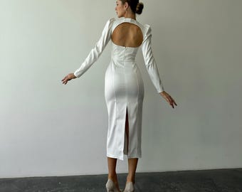 White Satin Midi Dress, Long Sleeve Midi dress, Satin Midi Dress with open back, Satin Midi Dress, White Bridal Dress civil wedding
