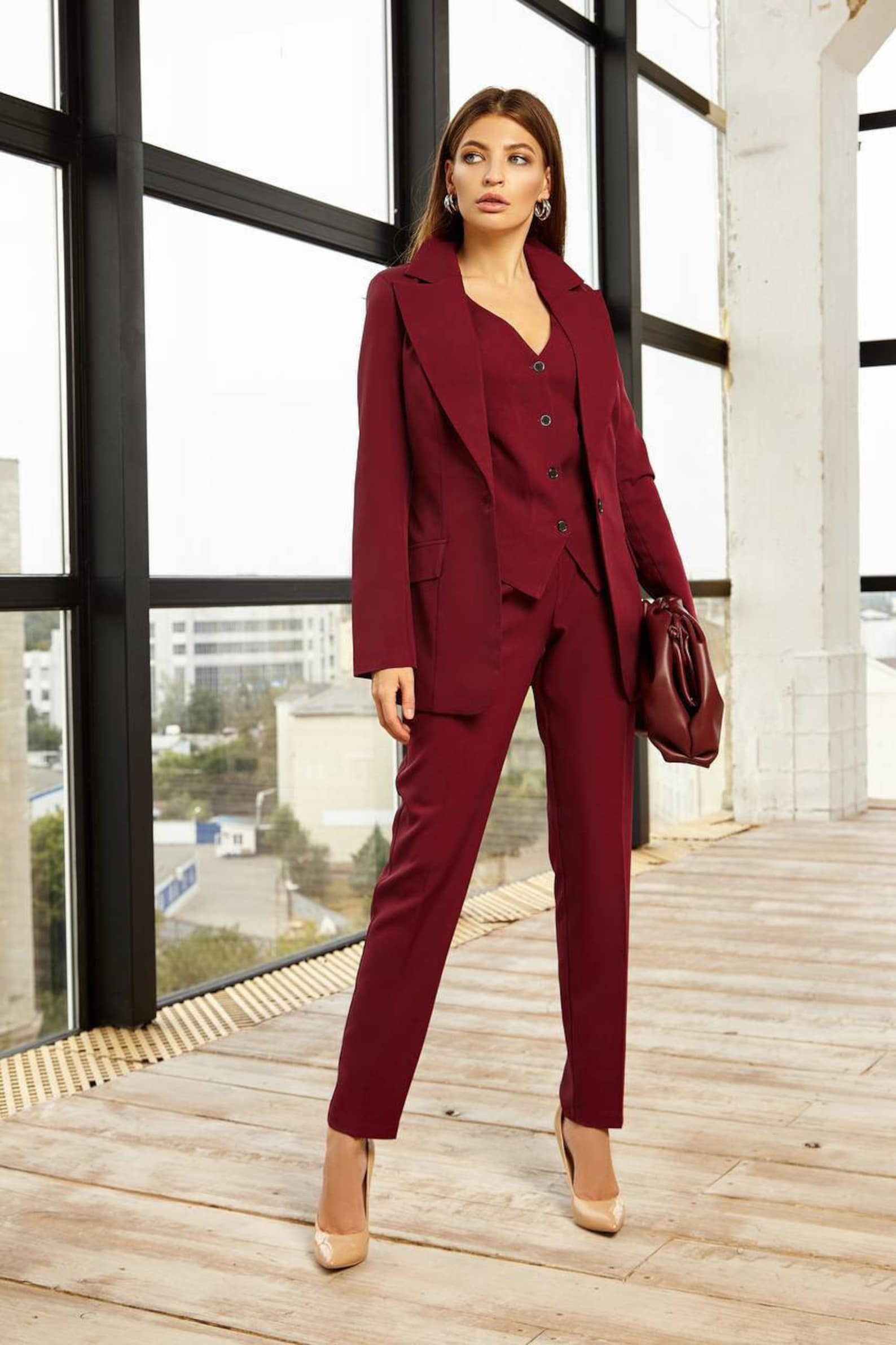 Burgundy Womens Blazer Suit Office Women 3 Piece Suit With - Etsy India