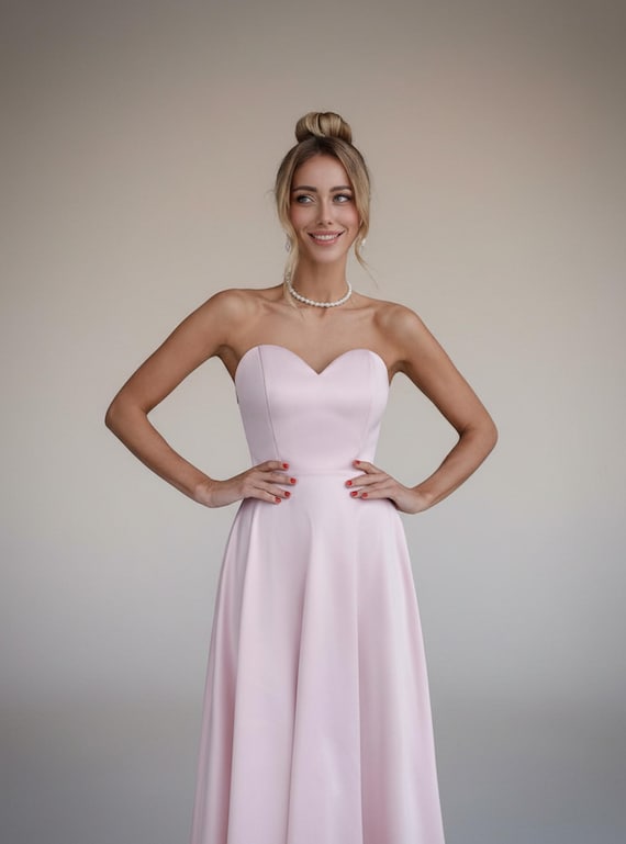 Light Pink Satin Corseted Midi Dress Sweetheart Neckline Circle Skirt Light Pink Satin Corseted Midi Dress Sweetheart Neckline Circle Skirt