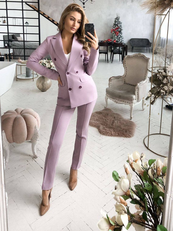 Dusty Pink 2-piece Blazer Trouser Suit for Women, Black Pantsuit