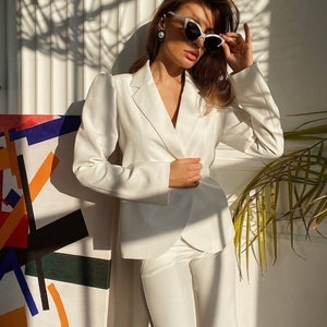 White Bell Bottom Pants Suit Set With White Blazer, Puffed Sleeve ...