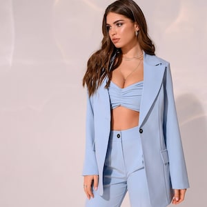 Light Blue Pantsuit for Women, Blue Blazer Trouser Suit for Women with Bralette Top, Relaxed fit Blazer and high waist Pants