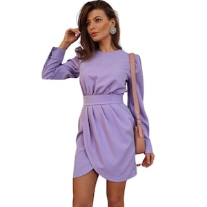 Lavender Mini Dress with Long Sleeves for special occasions, Lavender short dress, Wedding Guest Dress sleeeves