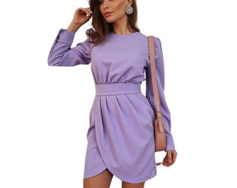 Lavender Mini Dress Long Voluminous Sleeves and Tulip Skirt