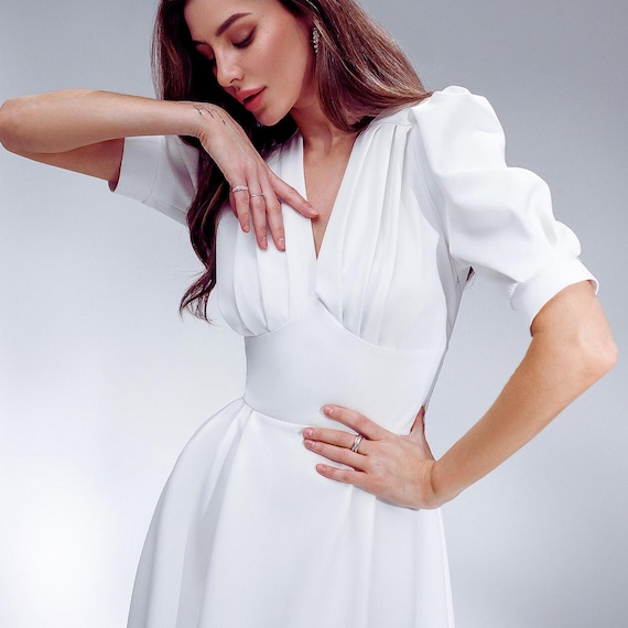 white deep v midi dress White Linen Cotton Midi Dress - Deep V-Neck A-Line | Xiaolizi 2738