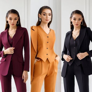 Burgundy Womens Blazer Suit, Office Women 3 piece Suit with Slim Fit Pants, Buttoned Vest and Single-Breasted Blazer,Office Wear for Women