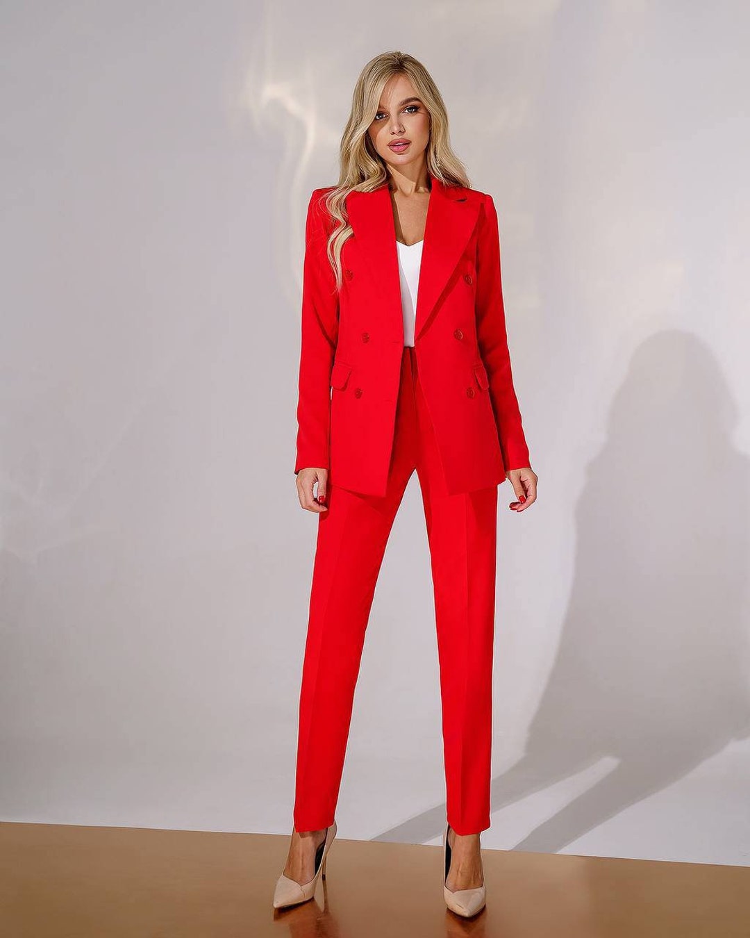 Red Office Women 3 Piece Suit With Slim Fit Pants, Buttoned Vest and  Single-breasted Blazer, Womens Office Wear, Red Pants Suit 