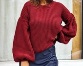 Burgundy Sweater for Women, Knit Burgundy Sweater, Wine Sweatshirt for Women, Oversized Knit Sweater, Dropped Shoulder Sweater for Women