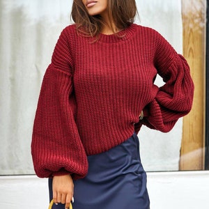 Burgundy Sweater for Women, Knit Burgundy Sweater, Wine Sweatshirt for Women, Oversized Knit Sweater, Dropped Shoulder Sweater for Women