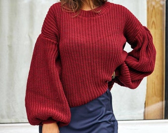 Burgunder Pullover für Frauen, Strick weinroter Pullover, Wein Sweatshirt für Frauen, übergroßer Strickpullover, überschnittene Schulter Pullover für Frauen