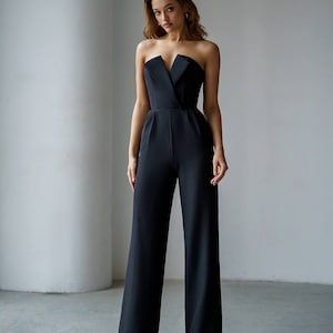 Black Formal Jumpsuit Womens, Wedding Guest Outfit, Women Jumpsuit for Wedding Reception, Birthday Outfit, Sleeveless Jumpsuit with Corset