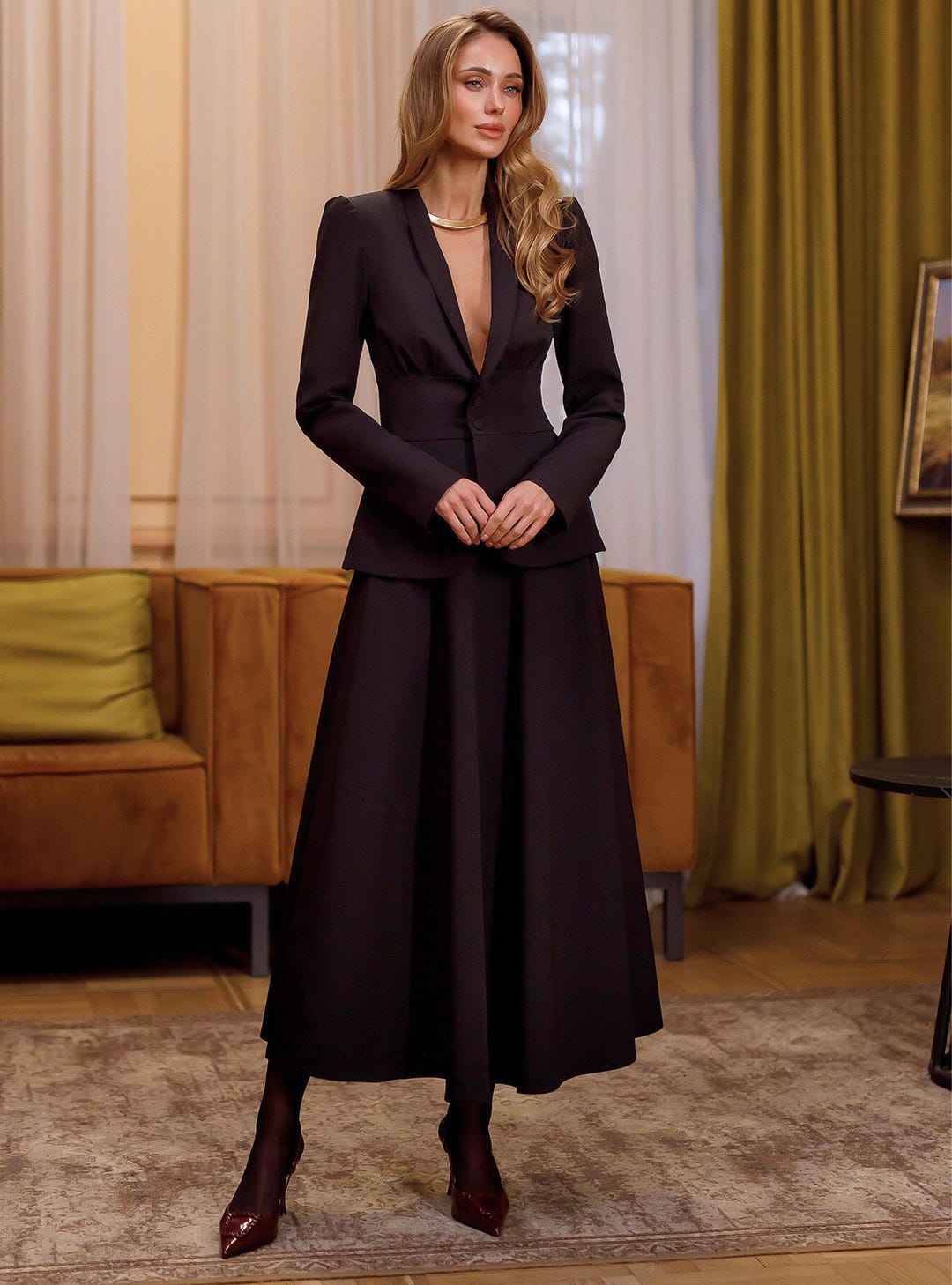 Black Modest Skirt Suit, Women's Fitted Blazer and Long Skirt Set