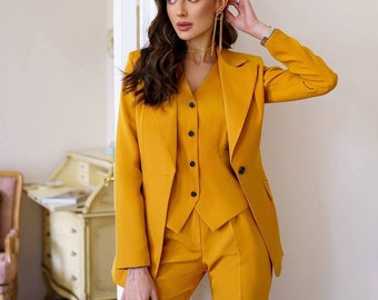 Mustard Yellow Pantsuit for Women, Bright Pants Suit for Women, Business Women Suit with Vest, Formal Pantsuit Womens