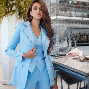 Women Suits Blue Formal Fashion 3 Piece Suits Slim Fit 1 Button