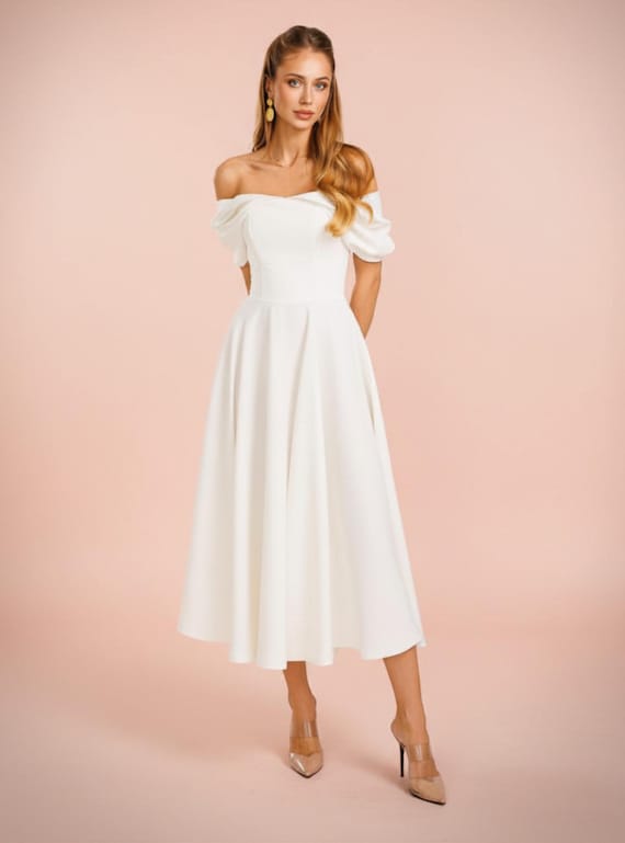 draped skirt corset midi dress in ivory White off Shoulder A Line Circle loop:palomamaxidress