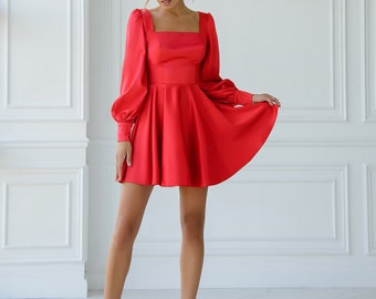 Red Silk Satin Dress with Bishop Sleeves, Mini Satin Silk Dress for Special Occasions, Red Fit and Flare Mini Dress for Women