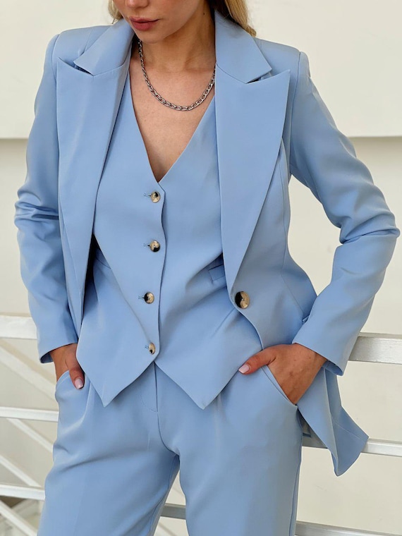 Light Blue Three-Piece Pantsuit with Blazer, Vest, and Cigarette Pants