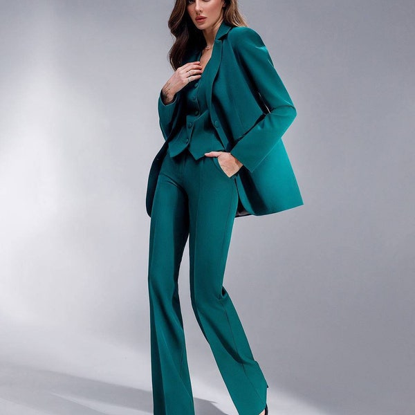 Layered Formal Long Sleeve Scoop Neckline Pantsuit Emerald