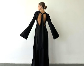 Black Satin Maxi Dress with Open Back and Long Flared Sleeves