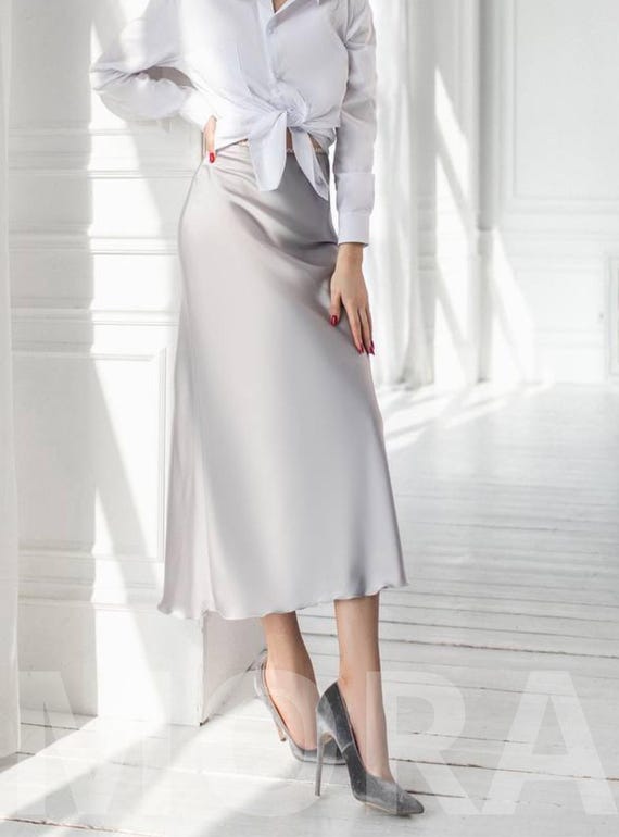 Silk Midi Skirt Beige Silk Midi Skirt Bias Cut Silk Skirt