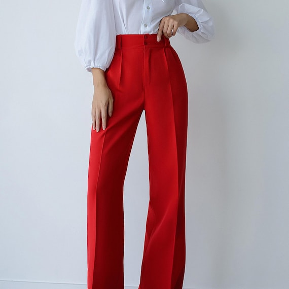 High Waist Trousers, Wide Leg Pants, Red Wide Leg Pants